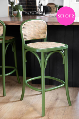 Set of 2 Chez Pitou Wood & Woven Cane Bar Stools in Green