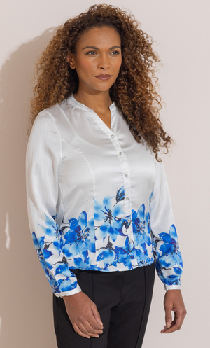 Anna Rose Embellished Floral Border Print Blouse - Ivory/Blue