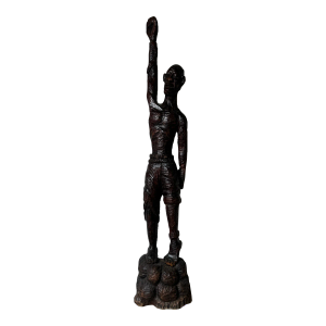 Vintage African Boxer Man Art Carved Wood Floor Sculpture
