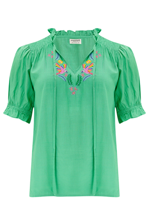 Angelique Shirred Top Green, Rainbow Parrots Embroidery (S)