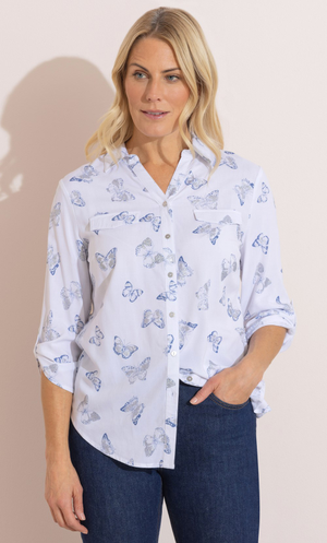 Anna Rose Printed Glitter Butterfly Blouse - White/Blue
