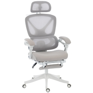 HOMCOM Silla de Escritorio de Malla Reclinable con Reposacabezas Soporte Lumbar Reposapiés y Altura Regulable Gris Claro