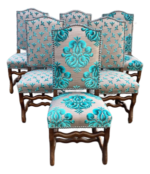 French Tall-Back Dining Chairs W/Grey & Turquoise Linen New Upholstery