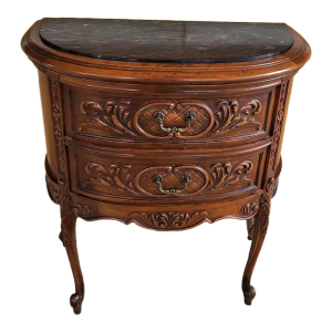 Vintage French Rococo Carved Walnut Demilune Black Marble Side Table Cabinet