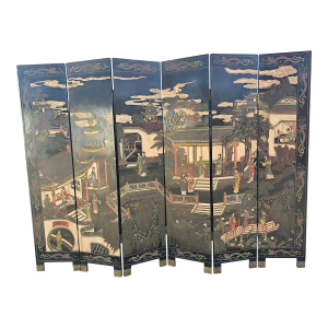 Mid-20th Century Imperial East Coromandel Etched and Painted Six-Fold Floor Screen
