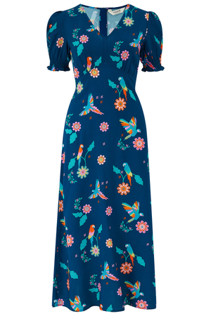 Maryjane Midi Dress Teal, Parrot Floral (S)