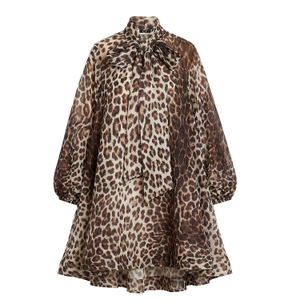 Oversized Leopard Print Billow Dress With Blouson Sleeves (one size)