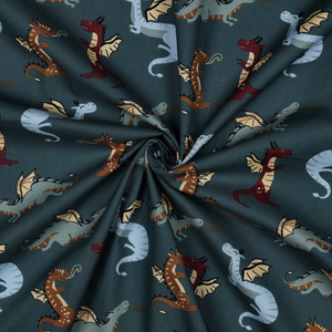 Tissu popeline de coton dragons - Bleu pétrole foncé