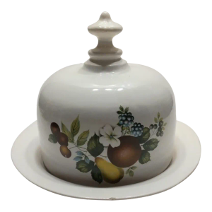 Vintage Cheese Butter Dish Cloche Domed Serving White Ceramic Fruits Florals