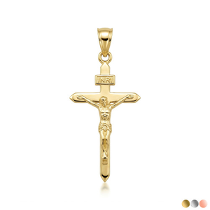 Solid Gold Catholic INRI Jesus Of Nazareth Crucifix Pendant Necklace 1.18" (Available In Yellow/Rose/White /Two Tone Gold)