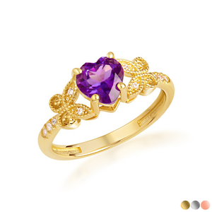 Gold Personalized Heart Cut Birthstone Diamond Butterfly Ring (Available in Yellow/Rose/White Gold)