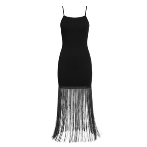 Long Fringed Tassel Detail Hem Bodycon Knit Dress In Black (M/L)
