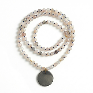 Rockabye Long Gemstone Necklace - Mixed Grey Agate - Pyrite Coin