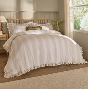 Birdie Stripe Ruffle Duvet Cover Set - Oat & Milk Single 200x135cm
