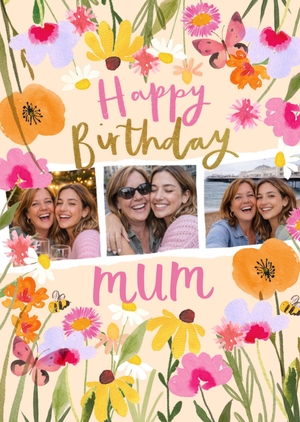 Happy Birthday Mum Watercolour Flowers Photo Upload Card
