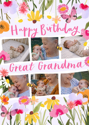 Happy Birthday Great Grandma Watercolour Flowers Photo Upload Card
