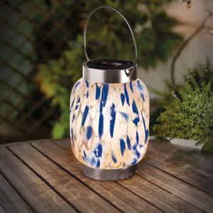 Blue & White GlassArt Solar Lantern – Elegant Confetti Glass Outdoor Light