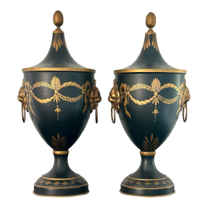 French Hand Painted Toleware Chestnut Urns - A Pair