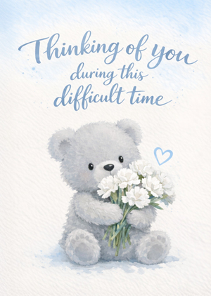 Cute Watercolour Teddy Bear With Bouquet Sympathy Card