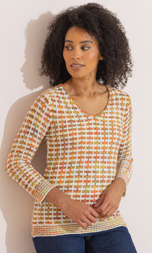 Ribbon Knit V Neck Patterned Jumper - White/Orange/Green