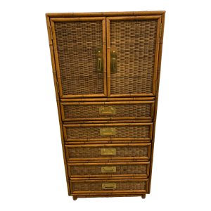 Vintage Faux Bamboo Tallboy Dresser Wicker Cabinet