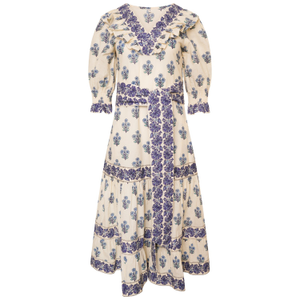 Blue Floral Block Print Cotton Midi Dress (S)