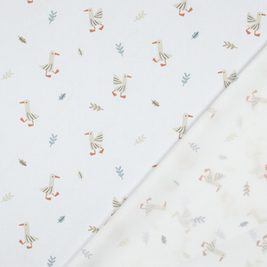 Tissu popeline de coton à la ferme - Oies fond blanc