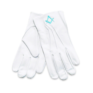 White 100% Soft Leather Masonic Gloves - Featuring embroidered Square & Compass emblem