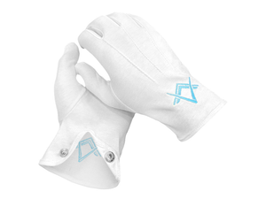White 100% Cotton Masonic Gloves - Featuring embroidered Square & Compass emblem