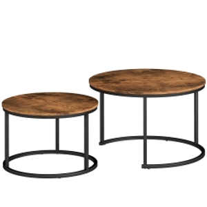 HOMCOM Coffee Table Set of 2, Round Nest of Tables with Metal Frame, Modern Side Tables for Living Room, Rustic Brown