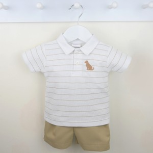 'Benji' White & Beige Puppy Detail Shorts Set