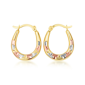 Tri-Color Gold Greek Key Hoop Earrings