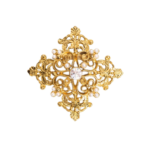 Gold Plated Ornate Cross Brooch With Pearls