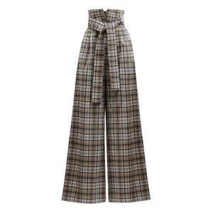 High Waist Long Wide Leg Trousers – Beige Plaid (XL)