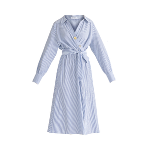 Wrap Midi Shirt Dress With Metallic Button Details In Blue Stripes (S)