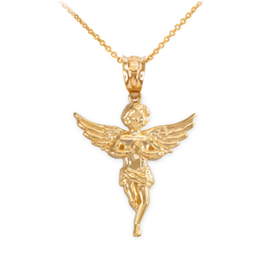 Solid Gold Textured Praying Angel Pendant Necklace (Available in Yellow/Rose/White Gold)