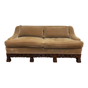 Early 20th C Mohair Down Cushion Carved Wood Sofa