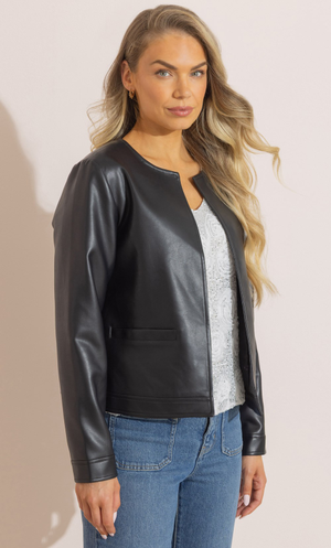 Faux Leather Collarless Jacket - Black