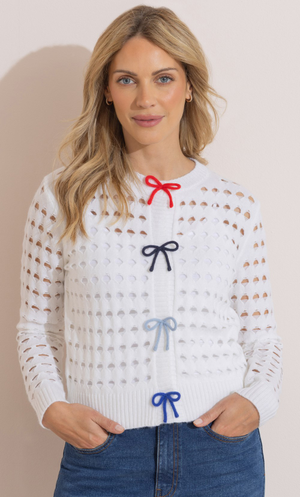 Bow Trim Pointelle Knitted Cardigan - White