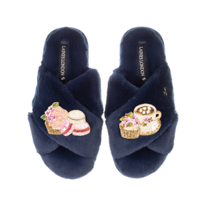 Classic Laines Slippers With Mother's Day Macaroon Brooches - Navy (M)