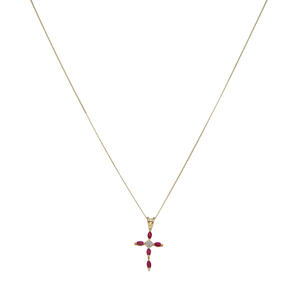 Pre-Owned 9ct Yellow Gold Ruby & Diamond Cross & Chain Necklace