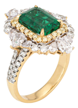 Emerald Diamond Cocktail Ring Vintage 18k Yellow Gold Size 7 Gemstone Jewelry