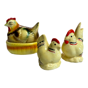 Mid-Century Ceramic French Hen and Egg Salt and Pepper Shaker Curation- Set of 3