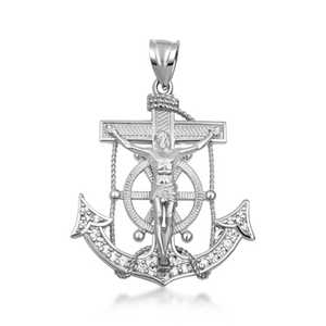 .925 Sterling Silver Studded Mariner CZ Cross Crucifix Anchor Jesus Christ Pendant Necklace (Available in Small/Medium/Large)
