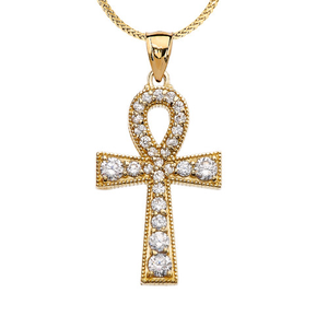 Solid Gold Ankh Cross Diamond Pendant Necklace(Available in Yellow/Rose/White Gold)