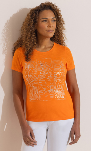 Anna Rose Embellished Leaf Print T-Shirt - Orange