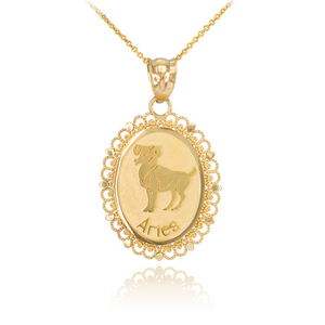 12 Astrological Gold Filigree Oval Zodiac Sign Pendant Necklace(Available In Yellow/Rose/White Gold)