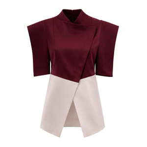 Asymmetric Colour Block Top – Burgundy & Beige (XL)