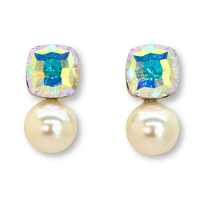 Dainty Crystal Square and Faux Pearl Earrings