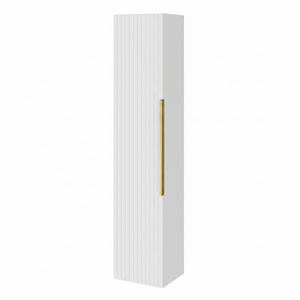 Milan Fluted Matt White Wall Hung Tall Storage Unit with Brushed Brass Handle